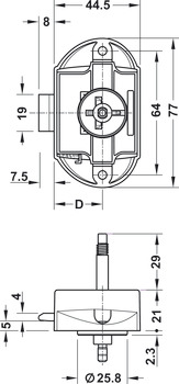 Serrure espagnolette, Häfele Push-Lock, axe 25 mm, utilisable des deux côtés